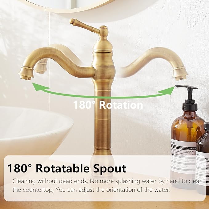 Antique Brass Vessel Sink Faucet 360° Swivel for Bathroom Bowl Sink Single Hole Farmhouse Tall Commercial Vanity with Pop Up Drain Without Overflow Combo