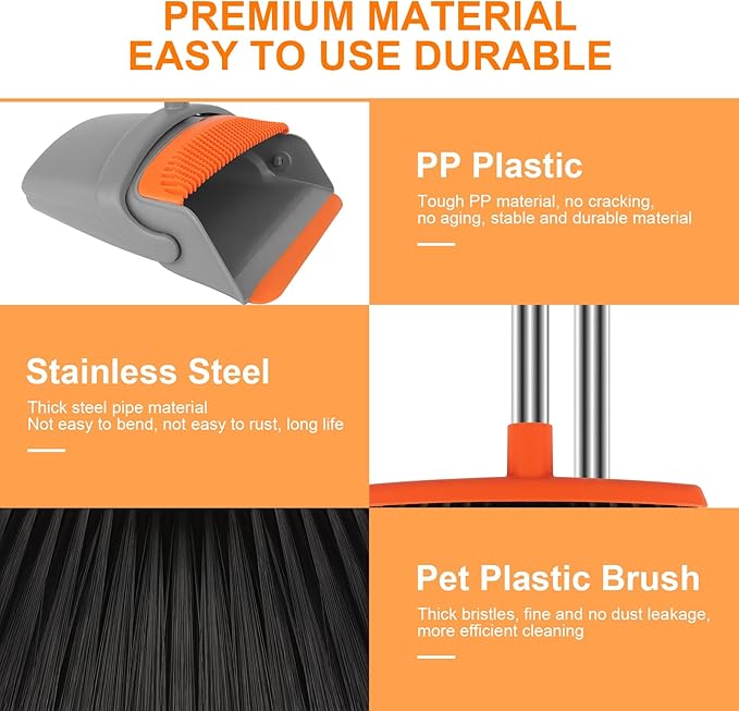 Broom with Dustpan Combo Set, 51" Household Dustpans and Broom, Standing Dust Pan Set for Home, Cleaning Set for Kitchen Lobby Indoor Outdoor