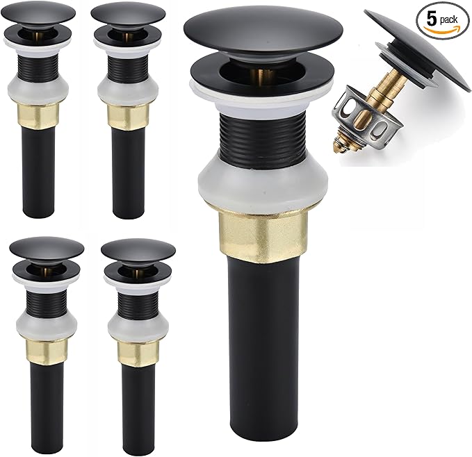 Bathroom Sink Drain,5 Pack Drain Stopper Bathroom Sink Without Overflow,Pop Up Drain Assembly with Detachable Strainer Basket,Built-in Anti-Clogging Strainer,Stainless Steel Mattle Black