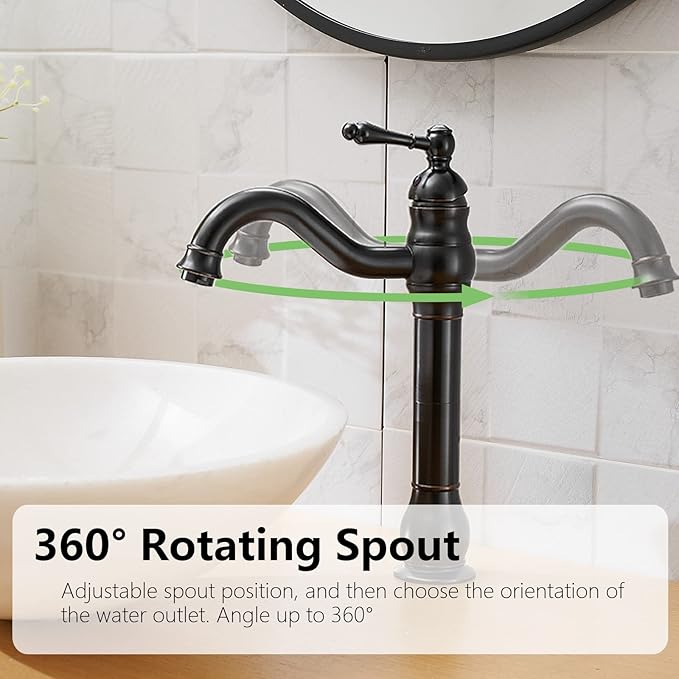 Vessel Sink Faucet Oil Rubbed Bronze Single Handle 1 Hole Bathroom Faucet 360° Swivel Deck Mount Lavatory Commercial Matching Pop Up Drain Without Overflow