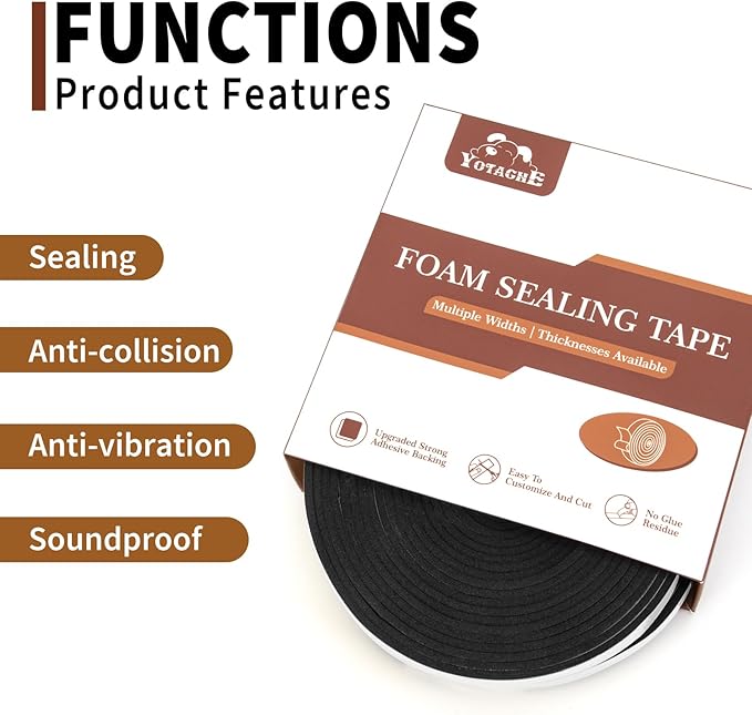 Yotache Foam Strips Adhesive 2 Rolls 1" x1/8", Neoprene Weather Stripping High Density Foam Tape Seal for Doors and Windows Insulation, Total 33 Feet Long (2 X 16.5 Ft Each)