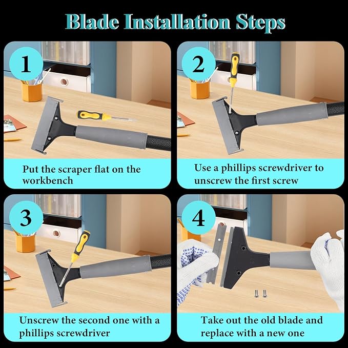4"Razor Blade Floor Scraper with Long Handle,61in Adjustable Floor Scraper Heavy Duty with 10PCS Extra Metal Blades Paint Scraper for Cleaning Stickers Gum Glass Wall Tile (Black 61in)