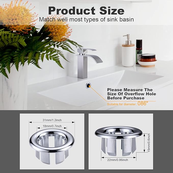 2 Pack Sink Overflow Ring, ARCORA Bathroom Kitchen Sink Basin Trim Overflow Cover Hole Insert Cap Chrome