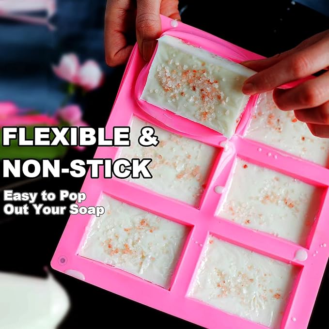 2 Pack Silicone Soap Molds, 6 Cavities Rectangle Silicone Soap Molds, Great for Homemade Craft Soap Mold, Chocolate Mold, Cake Mold ＆ Ice Cube Tray - Just Pop Out（Pink）