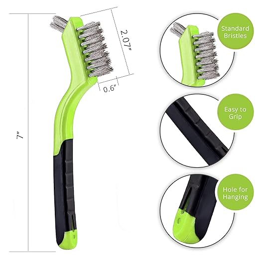 Wire Brush Set 3Pcs - Nylon/Brass/Stainless Steel Bristles with Curved Handle Grip for Rust, Dirt & Paint Scrubbing with Deep Cleaning – 7 Inches (Green)