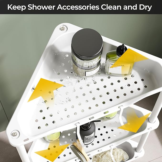 ODesign 3 Tier Corner Shower Caddy Standing Floor Standing Corner Shower Caddy Organizer Shower Table Plastic Metal Splicing Shelf Storage Rack for Bathroom White- Rustproof