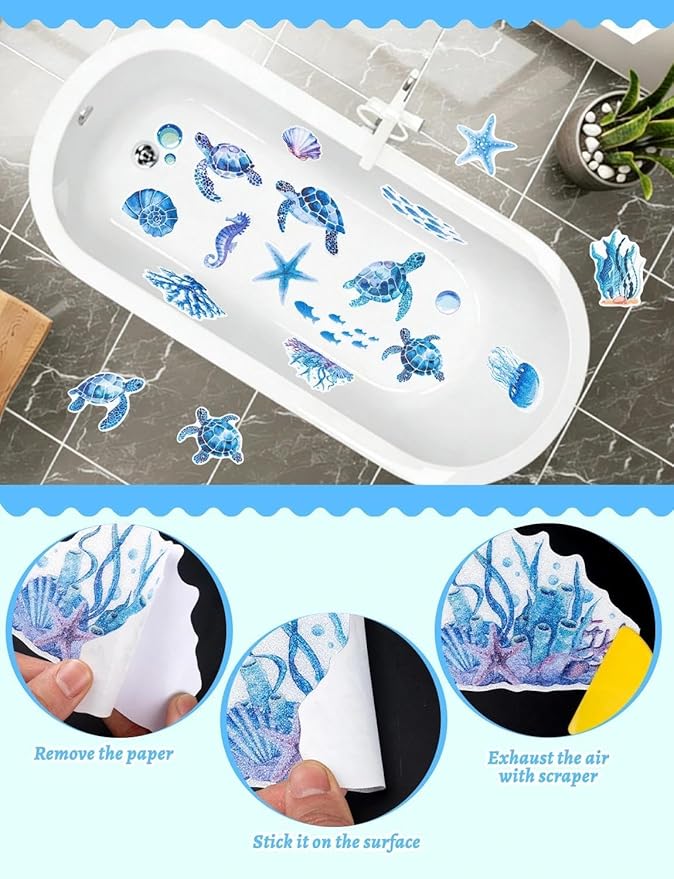26Pcs Non Slip Bathtub Stickers, Cute Turtle Stickers with Scraper, Sea Creature Anti Slip Bath Tub Shower Decal with Adhesive Back for Bathroom, Shower Stairs
