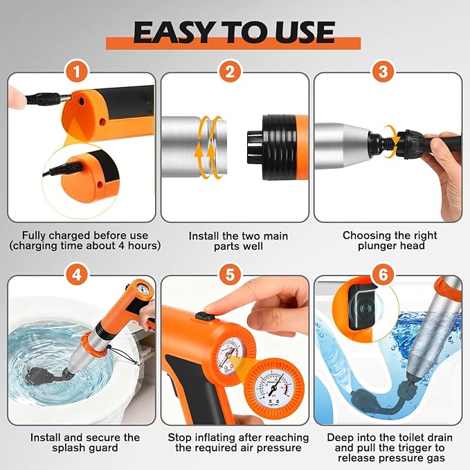 Electric Toilet Plunger, High Pressure Toilet Snake Drain Clog Remover, Splash-free Unclogger with Drain Snake Auger, Plungers for Bathroom Heavy Duty, Versatile Air Blaster Unclogger Kit (Orange)