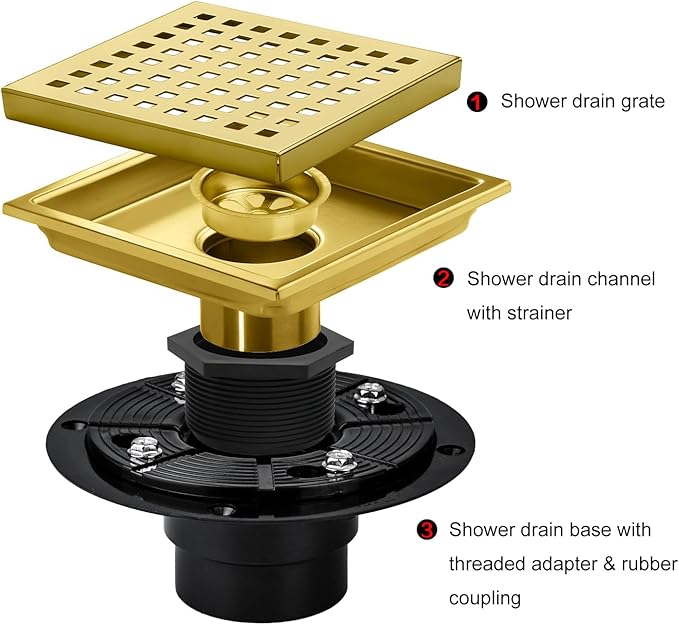 SaniteModar Shower Drain, 6 inch Shower Floor Square Drain with Flange, Removeable Grid Panel SUS 304 Stainless Steel Square Shower Drain, Brushed Gold