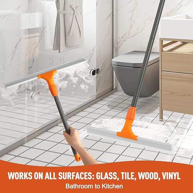 Silicone Floor Squeegee for Shower Glass, Floor, and Garage - Heavy-Duty Pet Hair Remover, Bathroom Tile Cleaner, Window Wiper - Flexible, No Streaks, Compact Storage