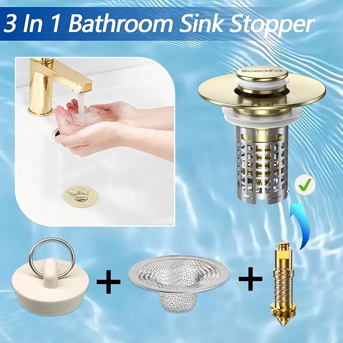 Bathroom Sink Drain Strainer, Stainless Steel Pop-up Strainer Basket Hair Catcher with Removable Basket, Brass Bullet Core, Universal Fit 1.1-2.36 Inch (Brushed Gold (2PCS))