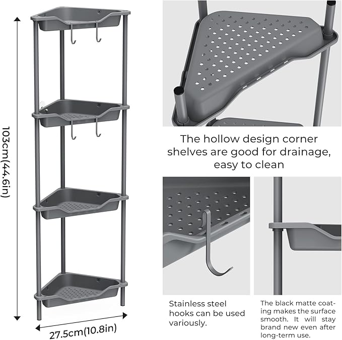 ODesign 4 Tier Corner Shelf Stand for Living Room Bedroom Bathroom,Plastic Metal Splicing Ground Cabinet Storage Rack,Standing Shower Organizer,Shower Caddy Corner