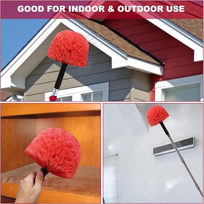 Twist-On Cobweb Duster Head Brush - Indoor & Outdoor Spider Web Cleaning Solution - Fits Standard Acme Threaded Poles - Durable & Versatile Spider Web Corner Cleaner Duster Brush Head Only - Red