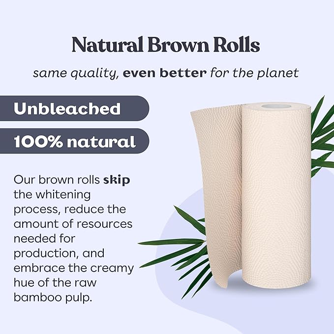 Betterway Bamboo Paper Towels 12 Pack - Unbleached, Non Toxic, PFAS Free - 140 Sheets/Roll, 2-Ply, No Plastic, No Dyes, Eco Friendly, Compostable, Sustainable, FSC Certified, Natural Brown