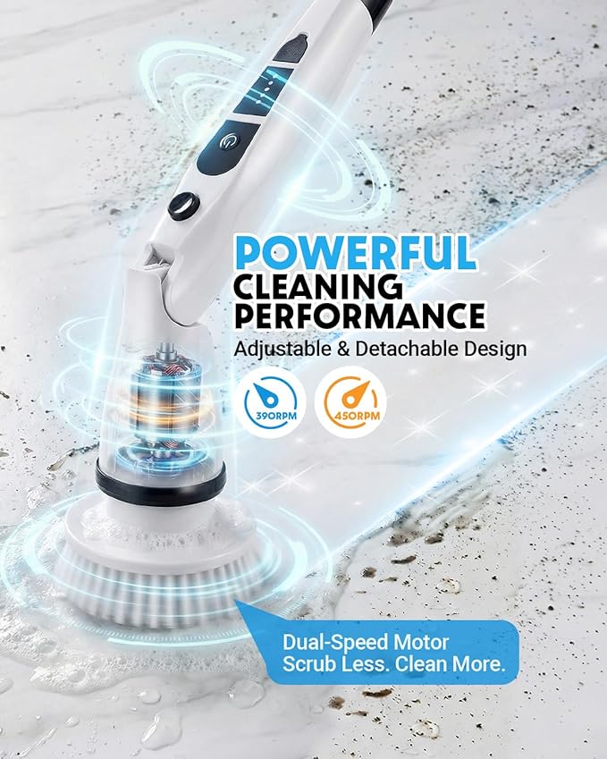 Electric Spin Scrubber, Shower Scrubber with Long Handle, 7 Brush Heads, 2-Speed Cordless Bathroom Cleaning Brush, 54in Extendable Electric Cleaning Brush for Tub, Floor, Kitchen & Barbecue Grill