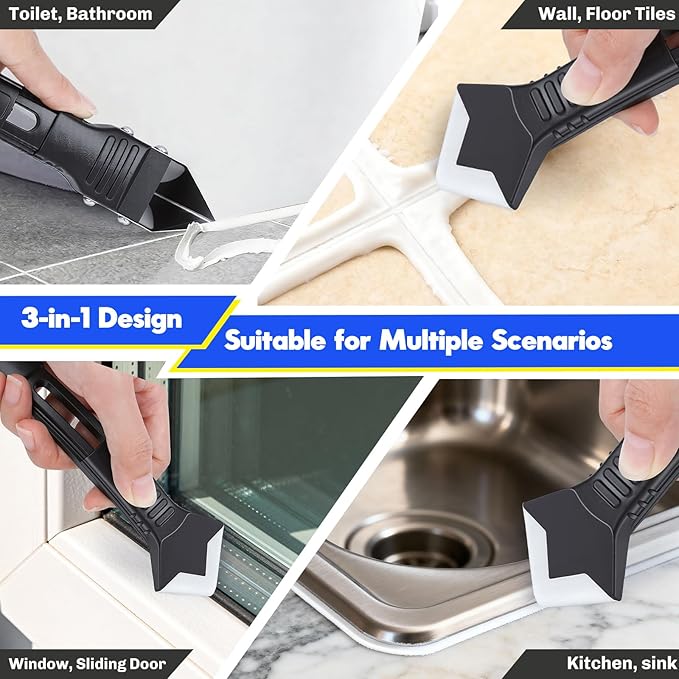 3 in 1 Silicone Caulking Tools, Glass Glue Angle Scraper, Stainless Steelhead Caulk Remover and Sealant Scraper, for Kitchen Bathroom Window and Frames Sealant Seals