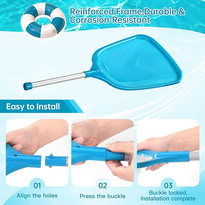 Pool Net, Professional Swimming Pool & Hot Tub Skimmer Net Accessories, Pool Leaf Rake Cleaning Tool with Pole, Fine Nylon Mesh Bag, Easy to Clean Bugs,Leaves,Debris(Blue)