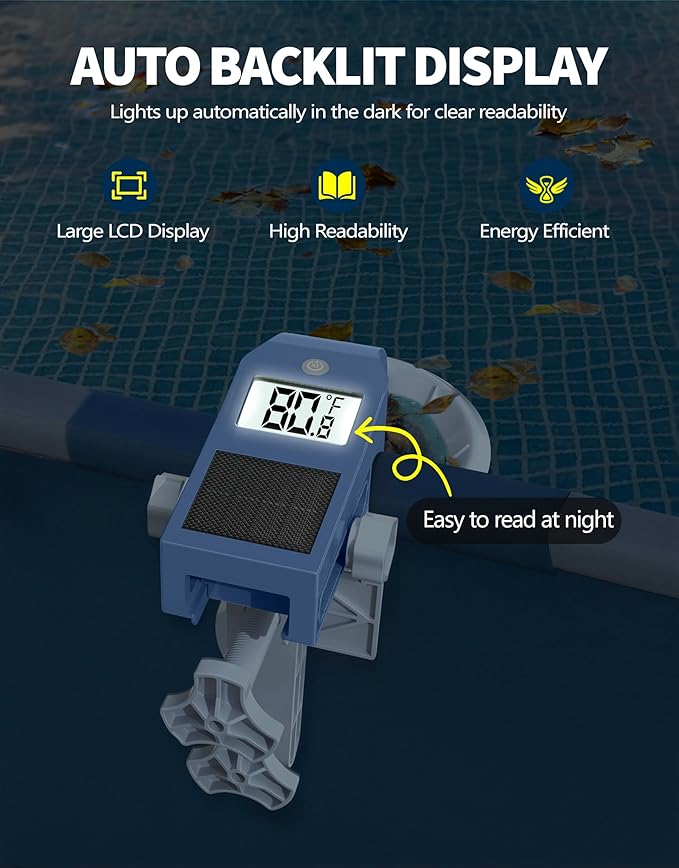 BluSwim Above Ground Pool Skimmer with Solar Digital Thermometer | Wall Mount Surface Skimmer - Auto Skimming Pool Floating Debris | 2 Upgraded Bracket - Stable & Height Adjustable - Purple