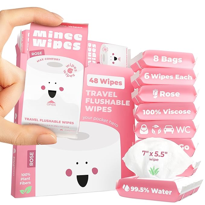 Impossibly Compact Travel Flushable Wipes - 99.5% Water and Aloe - Safe for Sensitive Skin - Travel Essentials for Adults, Kids & Babycare, Rose, 8 Pack 48 Wipes