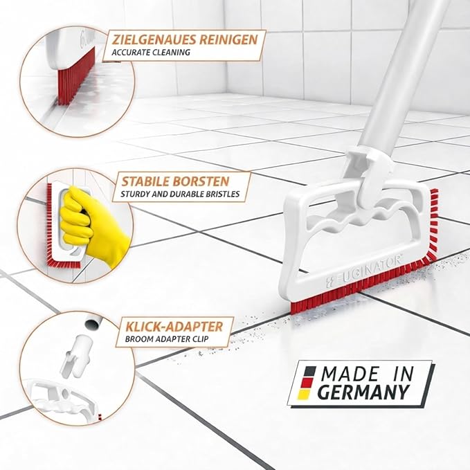 FUGINATOR® Grout Brush White/Red - Ergonomic Heavy Duty Cleaning Brush for Bathroom, Shower & Kitchen - Deep Detail Scrubber for Wall & Floor Tiles, Crevices & Tight Spaces - Made in Germany