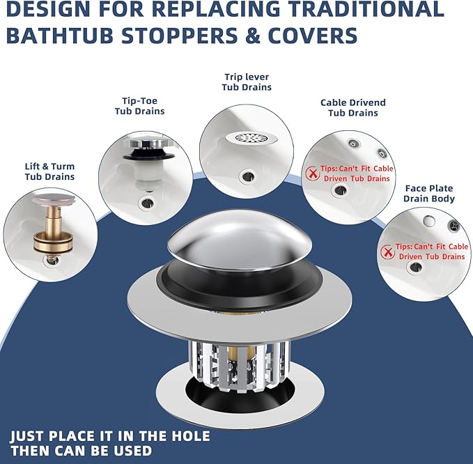Universal Tub Stopper Bathtub Drain, Drain Hair Catcher and Cover, Pop Up Tub Stopper Bathtub Drain Plug Cover Replaces Bath Tub Lift and Turn, Tip-Toe and Trip Lever Bathtub Drains (Silver)