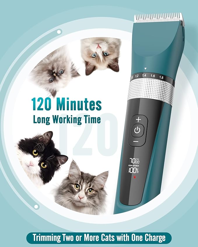 oneisall Cat Clippers for Matted Hair, 5-Speed Quiet Cat Grooming kit, Cordless Pet Shaver for Long Hair,Waterproof Pet Trimmer, Pet Clippers for Cats(Green)