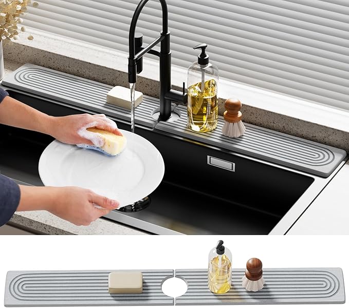 Quick Dry Sink Splash Guard - 30" Instant Dry Stone Sink Tray for Faucets - Absorbent Diatomaceous Earth Faucet Mat for Kitchen Countertop and Bathroom - Light Gray