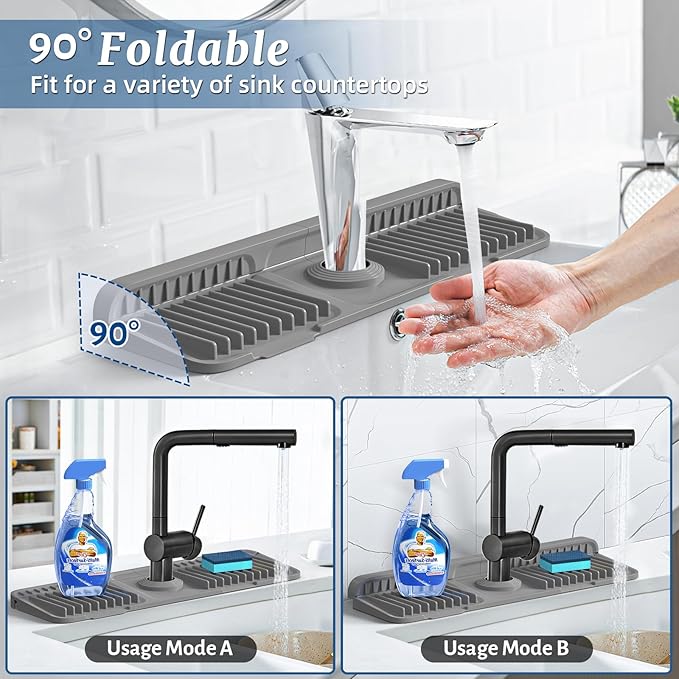 PoYang 17.7 inch Faucet Mat for Kitchen Sink Splash Guard, 7° Slope Silicone Sink Water Splash Guard for Kitchen Sink Area with Snap Button, Long Sink Protectors for kitchen Sink Sponge Holder, Grey