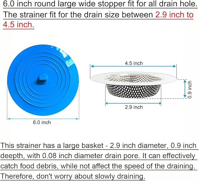 4PCS Kitchen Sink Strainer Stopper Kit, Universal Silicone Sink Drain Plug Cover, Drain Water Stopper, 4.5 Inch Stainless Steel Sink Drain Strainer, Food Debris Catcher for Kitchen