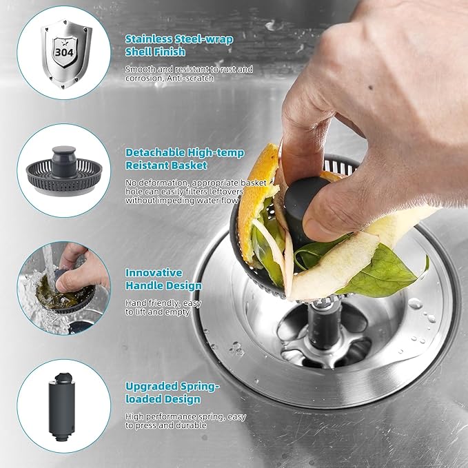 Hibbent 2 Pack 3 in 1 Kitchen Sink Drain Strainer, Stainless Steel Wrapped Shell Drain Stopper Combo, Pop Up Sink Stopper, Anti-Clogging Basket Strainer with Handle for US Standard 3-1/2" Drain