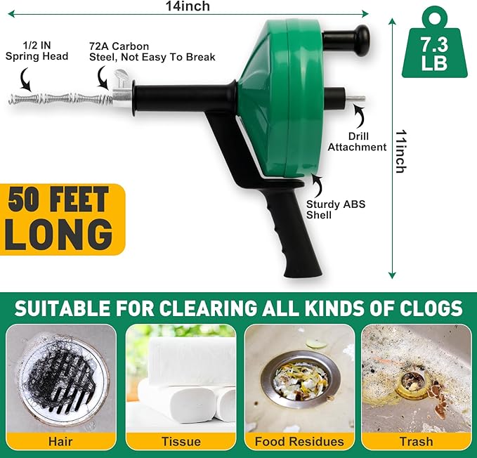 Wayona Drain Snake 50 FT, Plumbing Snake for Sink Snake Drain Clog Remover, Drain Snake with Drill Attachment with Bag Gloves Cleaning Brush, Manual or Powered Used, Not Automatic(50 FT - 1/4 inch)