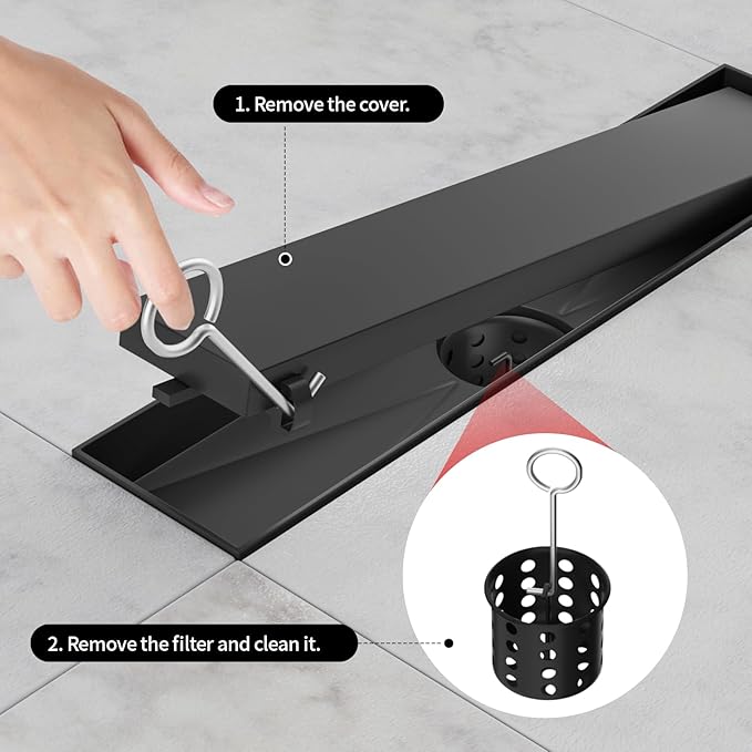 Linear Shower Drain, 304 Stainless Steel with Adjustable Leveling Feet, Hair Strainer,Reversely Install Place to Create an Invisible Floor Drain - Black -60-Inch