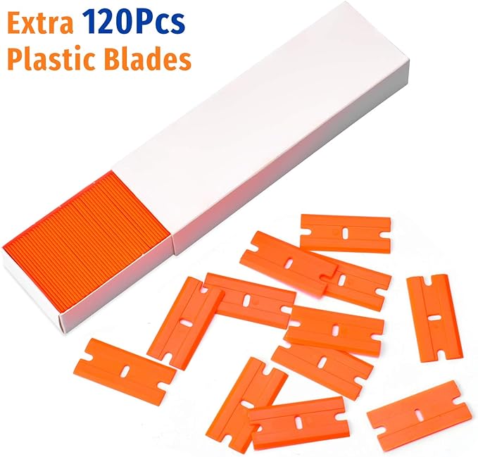 Plastic Razor Blade Scraper, 2 Pack Razor Scraper with 120 Pcs Razor Blades for Removing Glue, Sticker, Decals, Tint from Car Window and Glass(Blue)