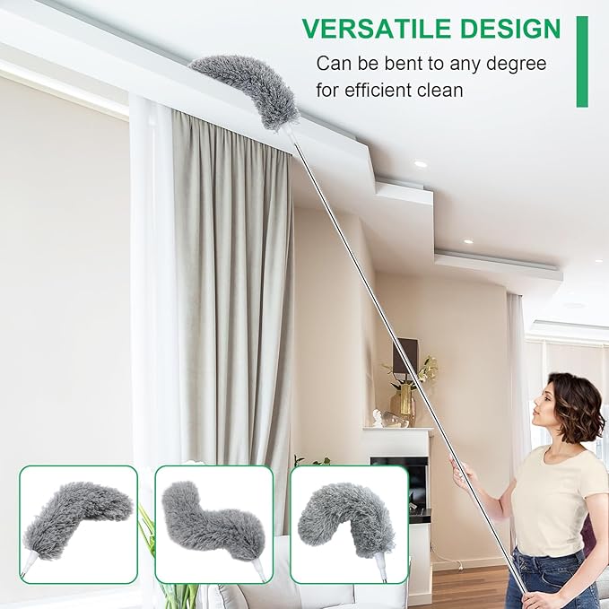 100" Extra-Long Microfiber Feather Duster, Extendable Pole Dusters, Telescoping Cobweb Duster for Cleaning, Bendable and Washable Microfiber Head, Cleaner for High Ceiling, Fan, Furniture