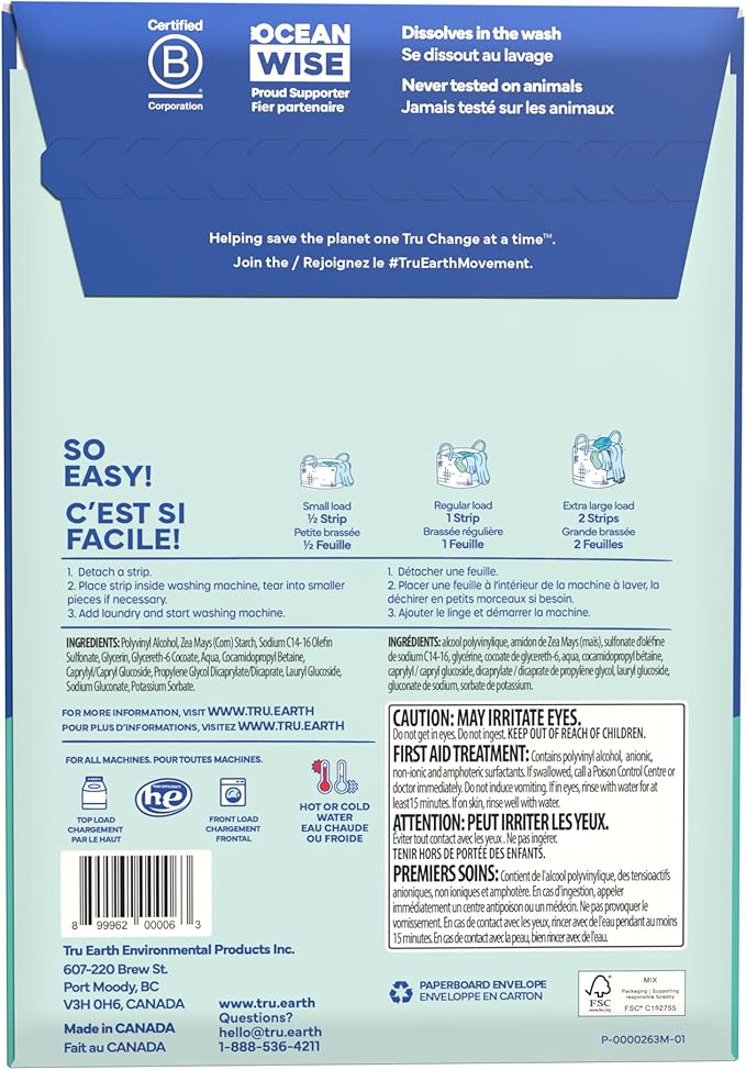 Tru Earth Compact Dry Laundry Detergent - Up to 128 Loads (64 Sheets) - Paraben-Free - Original Eco-Strip Liquidless Detergent, Travel | Packaging May Vary