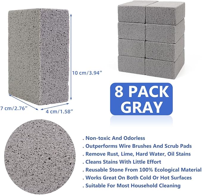 Non Scratch BBQ Grill Stone Cleaning Block Griddle Brick Oven Stone Scrubber Blackstone Cleaner, 8 Pack GrayMagic Stone for Removing Stains，Cleaning Flat Top Cookers，Toilet，Pool，Exfoliation Dead Skin