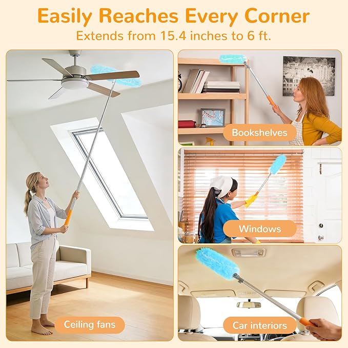 6 ft Heavy Duty Extendable Duster Handle with 50 Refills for Swiffer Duster, 360° Multi-Surface Dusters with 4X Cleaning Power for Home, Ceiling Fans, Windows, Dusting Hard-to-Reach Areas (Blue)