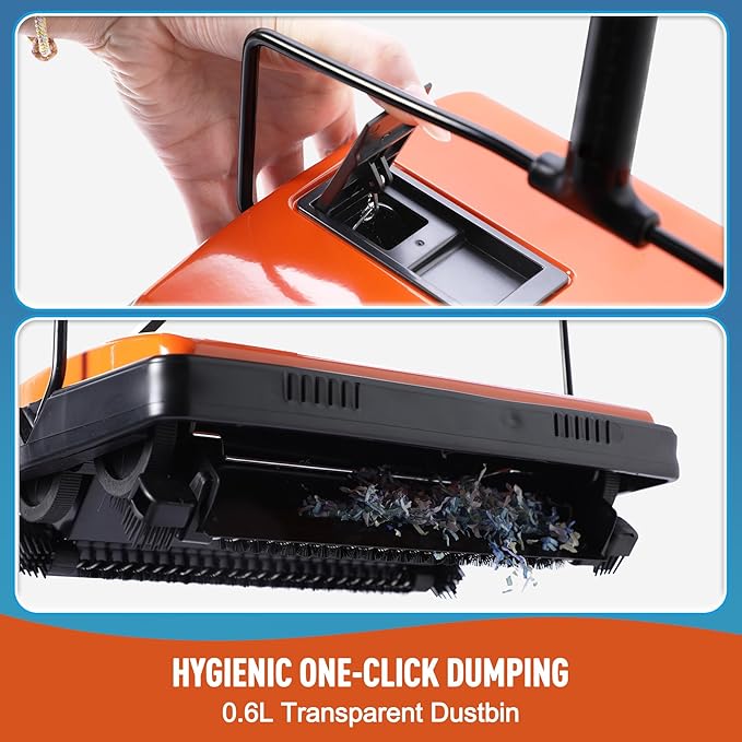 CLEANHOME Manual Carpet Sweeper for Pet Hair - Rotating Brush Floor Sweeper, Lightweight Push Broom for Classroom Rugs, Non-Electric Lint & Crumb Cleaner, Easy-Dump Dustbin, No Batteries Needed