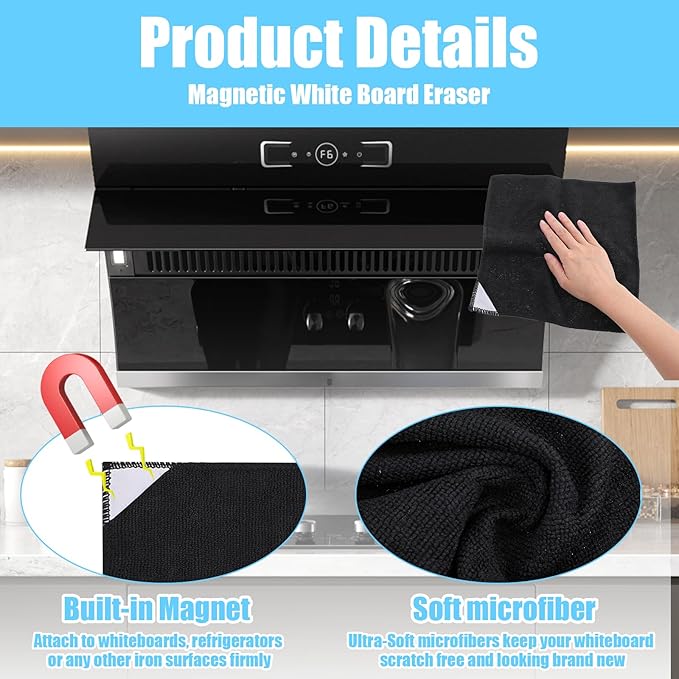 4 Pack Magnetic Cleaning Cloth Microfiber Dry Erase Eraser Board Cleaner Washable Whiteboard Cleaning Cloth Erasers for Blackboards Chalkboards Glassboards Home Office Black 9.5'' x 9.5''