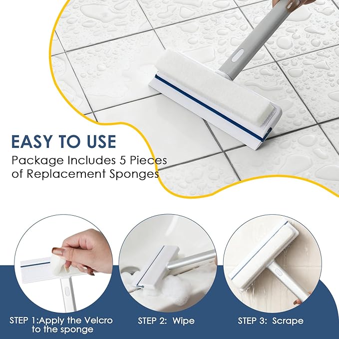 3 Pack Bathroom Shower Scrub Brush Set - Detachable Stiff Bristle Grout Cleaner Brush, 2-in-1 Shower Glass Squeegee with Replacement Sponges, Scrubbing Brushes for Cleaning Bathtub, Gaps, Tile, Sink