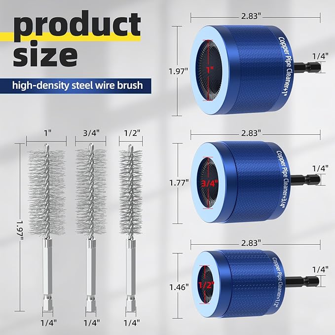1/2",3/4" & 1" Copper Pipe Cleaner Kit for Drill,6 Brush Blades(3 pre-Installed + 3 backups) & 3Pcs ID Wire Bore Brush for Drill,Plumbing Tools for Plumber,Battery Terminal Brush for Battery Posts