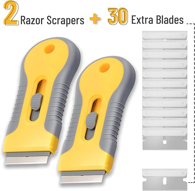 Bates- Razor Blade Scraper Tool, 2 Pack, 30 Extra Carbon Steel Blades, Anti-Slip Ergonomic Handle Design, Razor Scraper Set for Cleaning Window, Paint, Oven, Glass, Stove