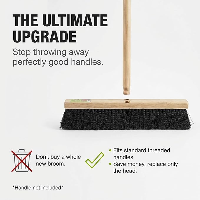 Black Indoor Push Broom Head – Heavy Duty Hardwood Block – Polypropylene Bristles – Deck Scrub Brush – Two Threaded Handle Holes for Better Assist (18")