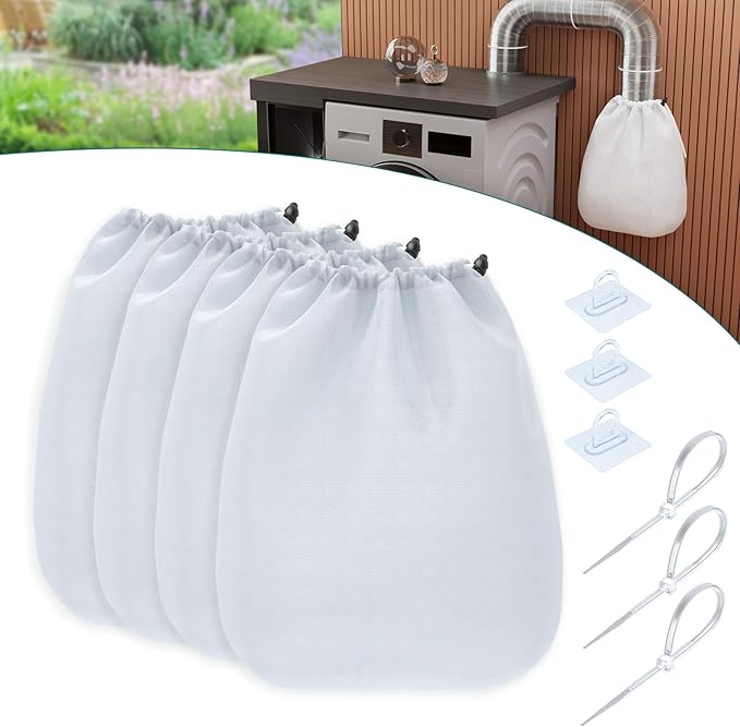 Daisypower 4 Pack Dryer Vent Lint Catcher Bag,Indoor Outdoor Dryer Vent Lint Traps Capturing Lint and Dust,White