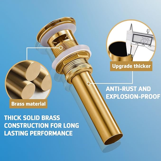 Bathroom Sink Drain with Overflow - Big Cap Design for Large Undermount Sink,Fit for Standard 1 3/4" Drain Opening - Pop Up Drain,Brushed Gold,Y1618Y-BG