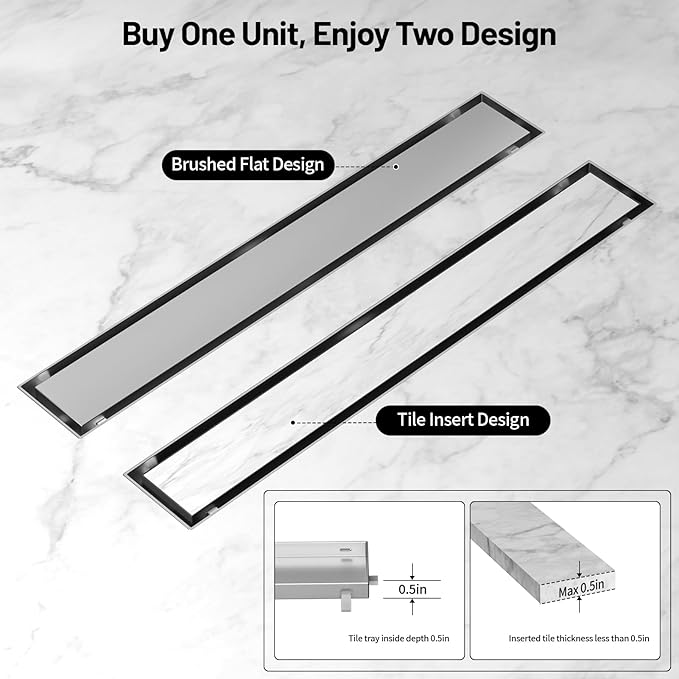 Linear Shower Drain, 304 Stainless Steel with Adjustable Leveling Feet, Hair Strainer,Reversely Install Place to Create an Invisible Floor Drain - Silver -18-Inch