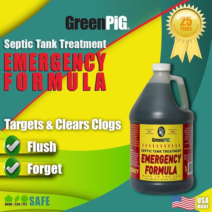 Green Pig Drain Field Cleaner, Septic Safe Drain Clog Remover, Treatment for Quickly Clearing Leach Field System Clogs, Back-Ups, and Foul Odors in Septic Tank Systems, Emergency Formula, 1 Gallon