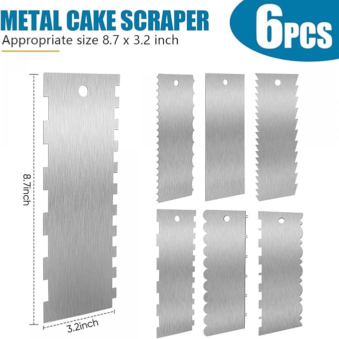 SenseYo 6 Pcs 9 Inch Stainless Steel Cream Cake Scraper Smoother Comb with Double Sides for Decorating Icing Mousse Butter