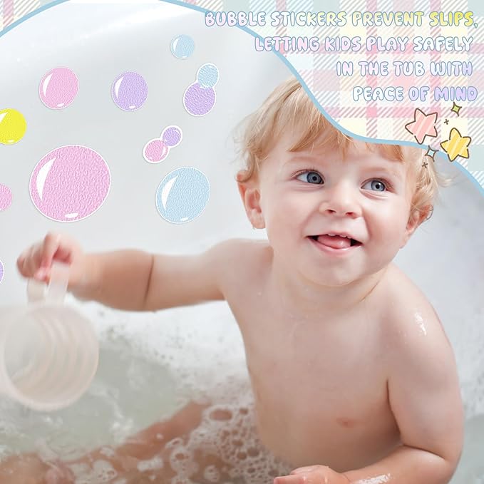 32 Pcs Cute Non Slip Bathtub Stickers for Shower Colorful Bathroom Anti Slip Shower Stickers Floor Applique Adhesive Decals with Scraper for Bathtub Bathroom Floor Pools(Bubble)