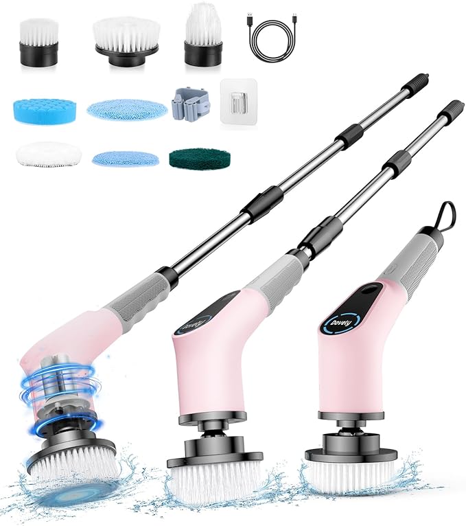 Electric Spin Scrubber, Cordless Cleaning Brush, Shower Scrubber with 8 Replaceable Brush Head, Power Cleaning Brush with Extension Handle, 2 Adjustable Speed, for Bathtub Tile Floor